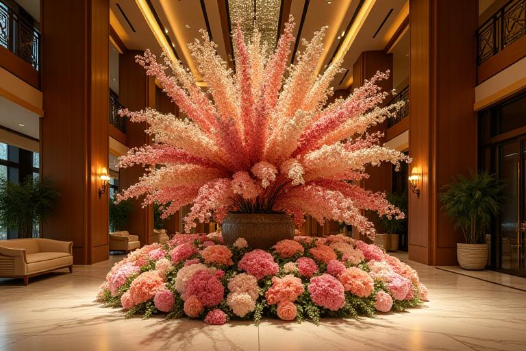 高級ホテルのロビーに飾られたダイナミックな装花
